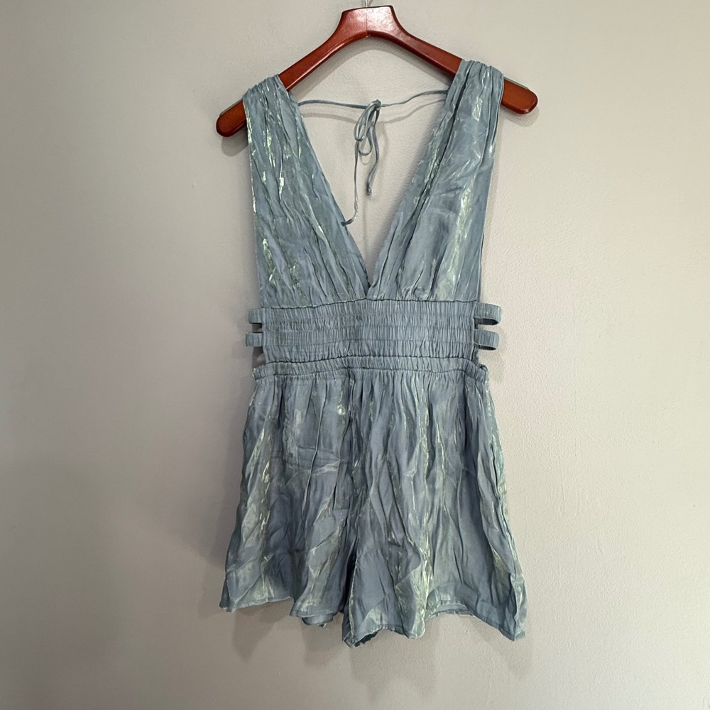 Heart & Heels Blue Metallic shimmer festival Cutout Halter Romper XL